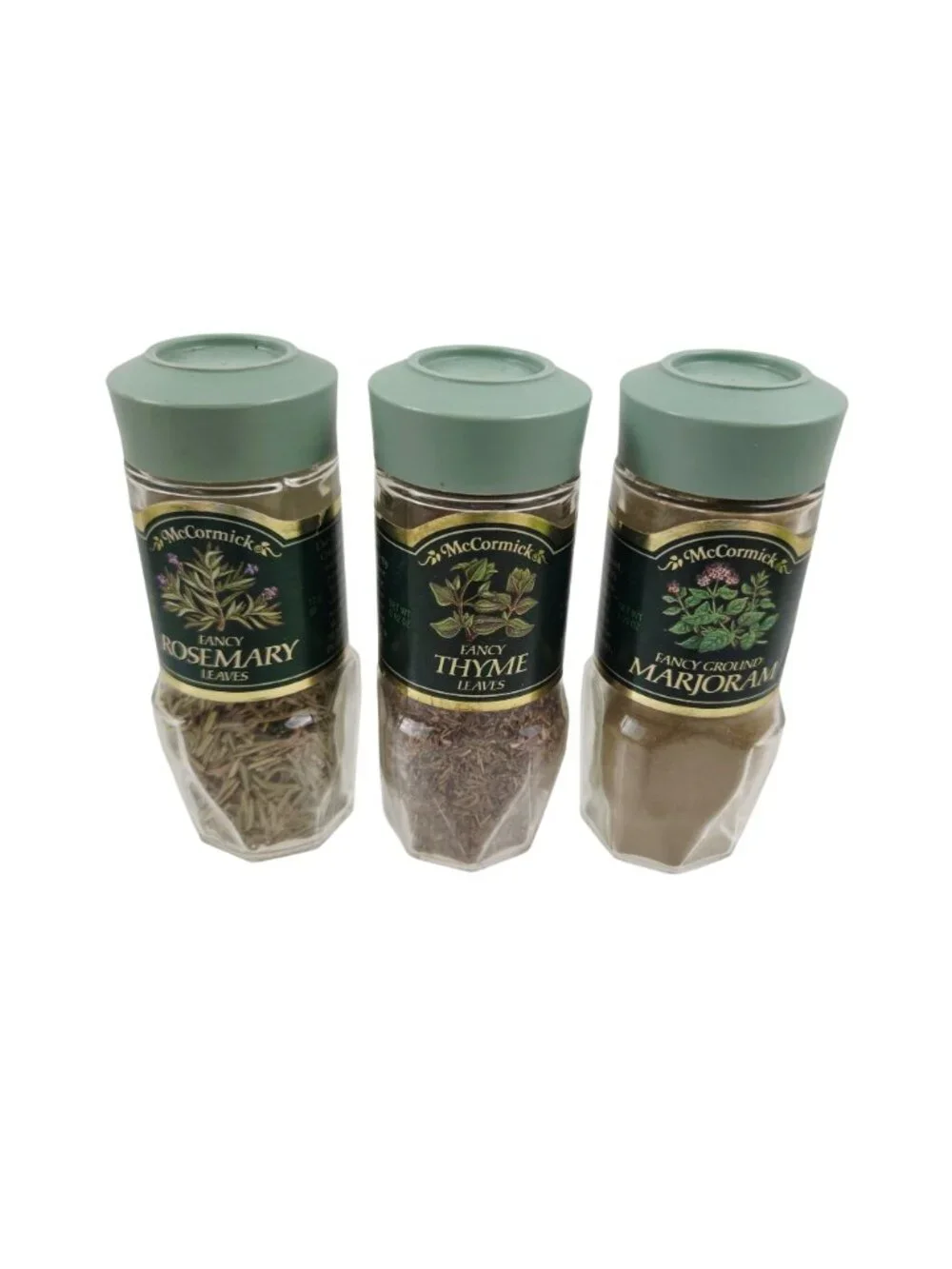 McCormick Spice Jars Thyme Rosemary Marjoram Cumin Nutmeg Vintage Green Lids